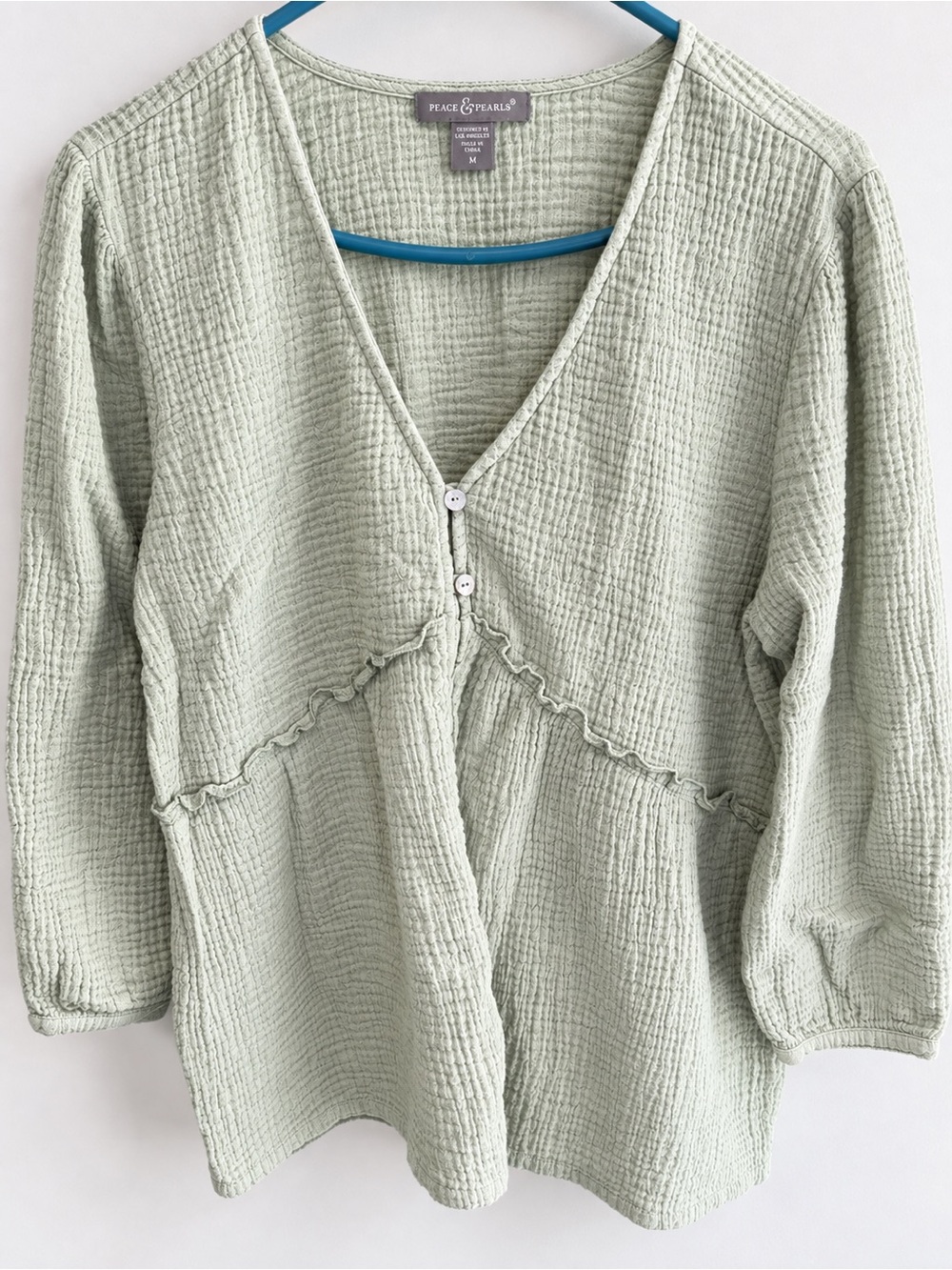 Peace & Pearls Sage Green Gauze Button Front Boho Top Size M